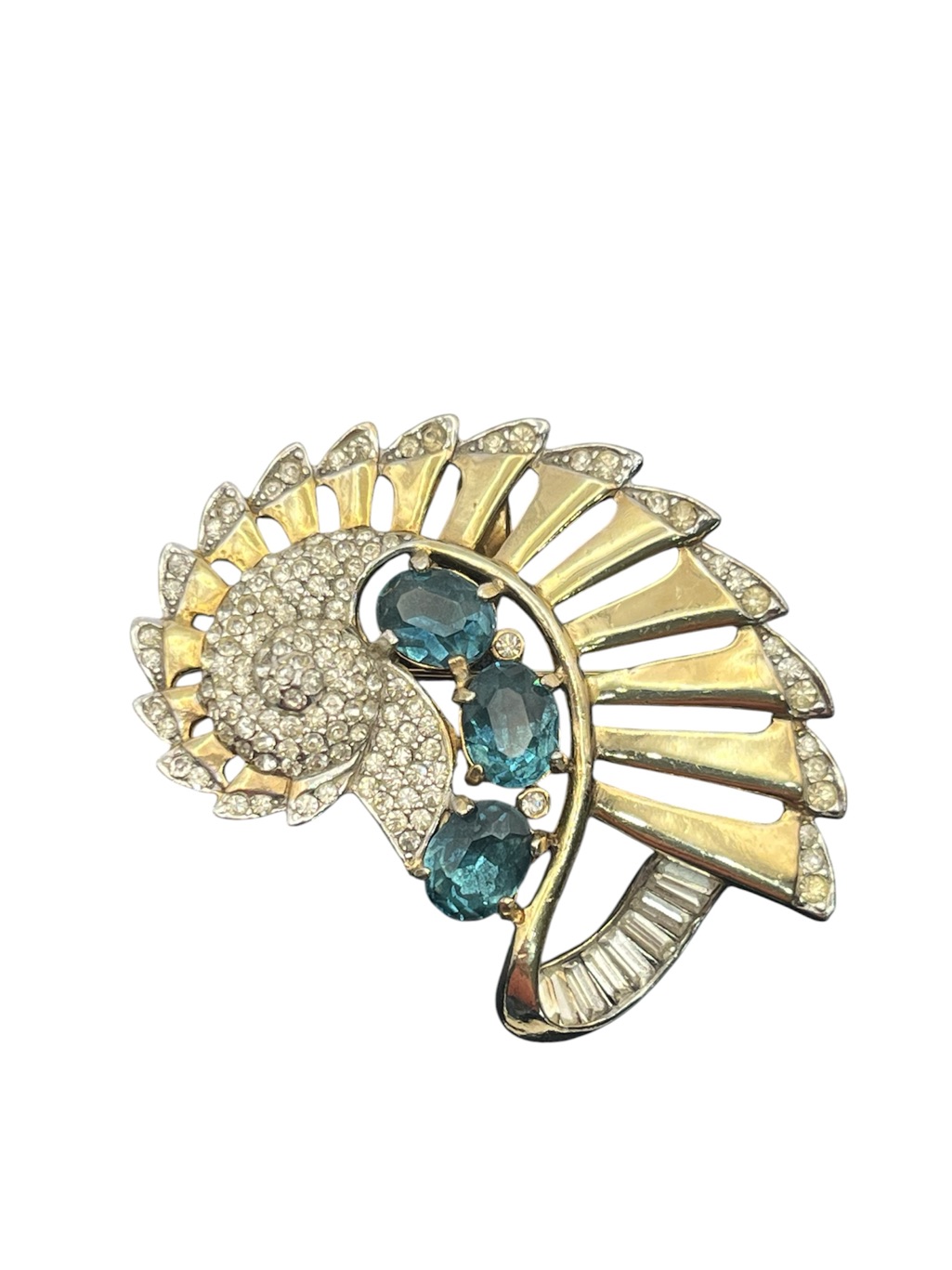 Stylized Abstract Seashell Gold Tone Blue & Clear Rhinestone Vintage Brooch Pin